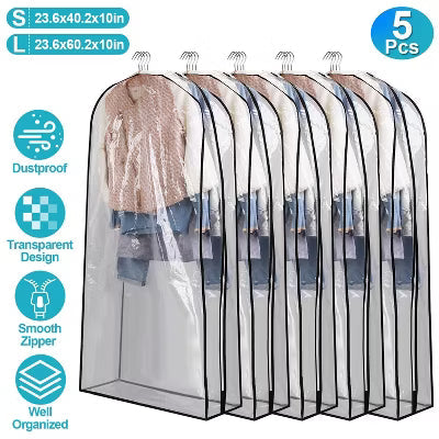 5 Pack 60In Garment Bag for Hanging Clothes Dustproof Waterproof Hanging Clothes Storage Bag Clear Transparent Suits Cover for Sweater Jacket Coat Dre