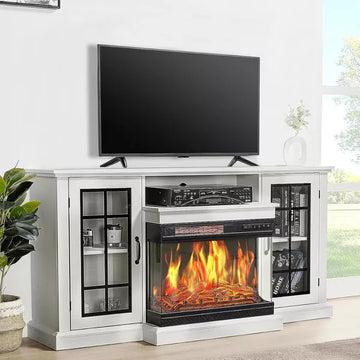 AMERLIFE 3-Sided Glass Fireplace TV Stand with LED Lights ,Fireplace Media Entertainment Center Console Cabinet Table with Glass Door Closed Storage