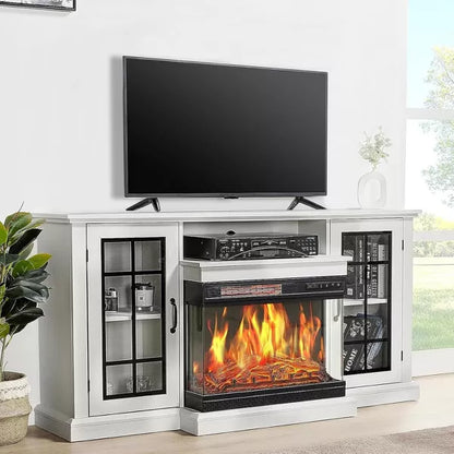 AMERLIFE 3-Sided Glass Fireplace TV Stand with LED Lights ,Fireplace Media Entertainment Center Console Cabinet Table with Glass Door Closed Storage