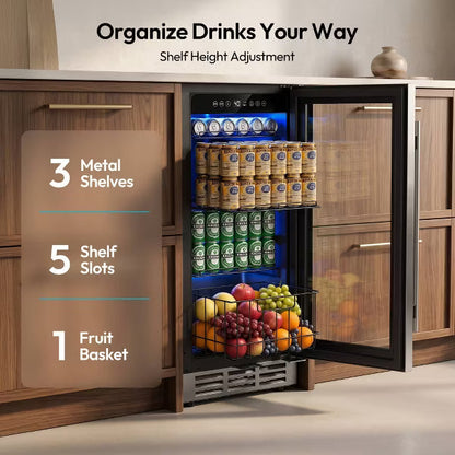 EUHOMY 180 Can Beverage Refrigerator- 24 Inch Built-In Cooler with Fruit Drawer- Silver