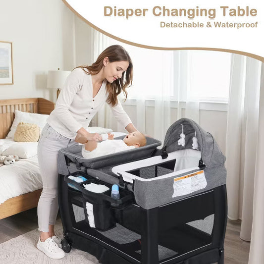 Kinder King 4-in-1 Convertible Baby Playard with Bassinet, Diaper Changer, Cradle&Bedside Sleeper, Breathable Mesh, Storage Organizer&Lockable Wheels