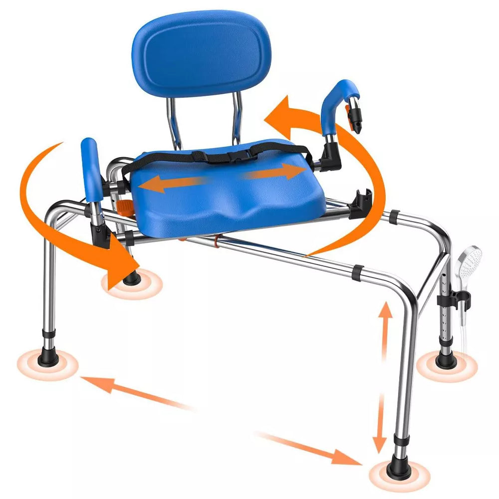WHLICKS Sliding Shower Chair with Wide 360° Swivel Seat, 450lbs Tub Transfer Bench for Bathtub, Adjustable Height and Arms Width Shower Seat