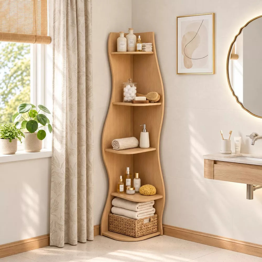 LauKingdom 63" Natural Oak 5-Tier Corner Shelf, S-Shaped Curved Bookshelf, Display Bookcase for Home Essentials, Living Room, Bedroom and Home Office