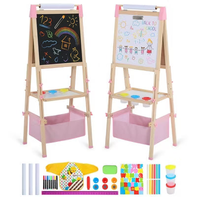 TODECARE Kids 3-in-1 Adjustable Kids Art Easel with Magnetic Whiteboard, Chalkboard, Paper Roll and Storage, Pink