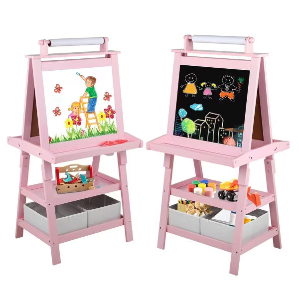 Kinder King 3 in 1 Kids Art Easel w/Storage Double-Sided Magnetic Whiteboard & Chalkboard Dry-Erase Board w/Paper Roller