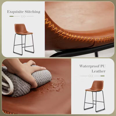 ELJGET Set of 2 Armless Faux Leather Bar Stools, Industrial Counter Height Barstools with Metal Legs & Footrest for Kitchen Island, Home Office,Brown