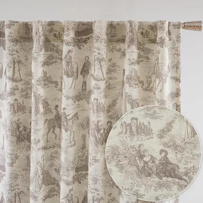 DriftAway 100% Blackout Toile Linen Curtain for Bedroom Double Layer Farmhouse Pattern Thermal Sound Loden Green 52X84