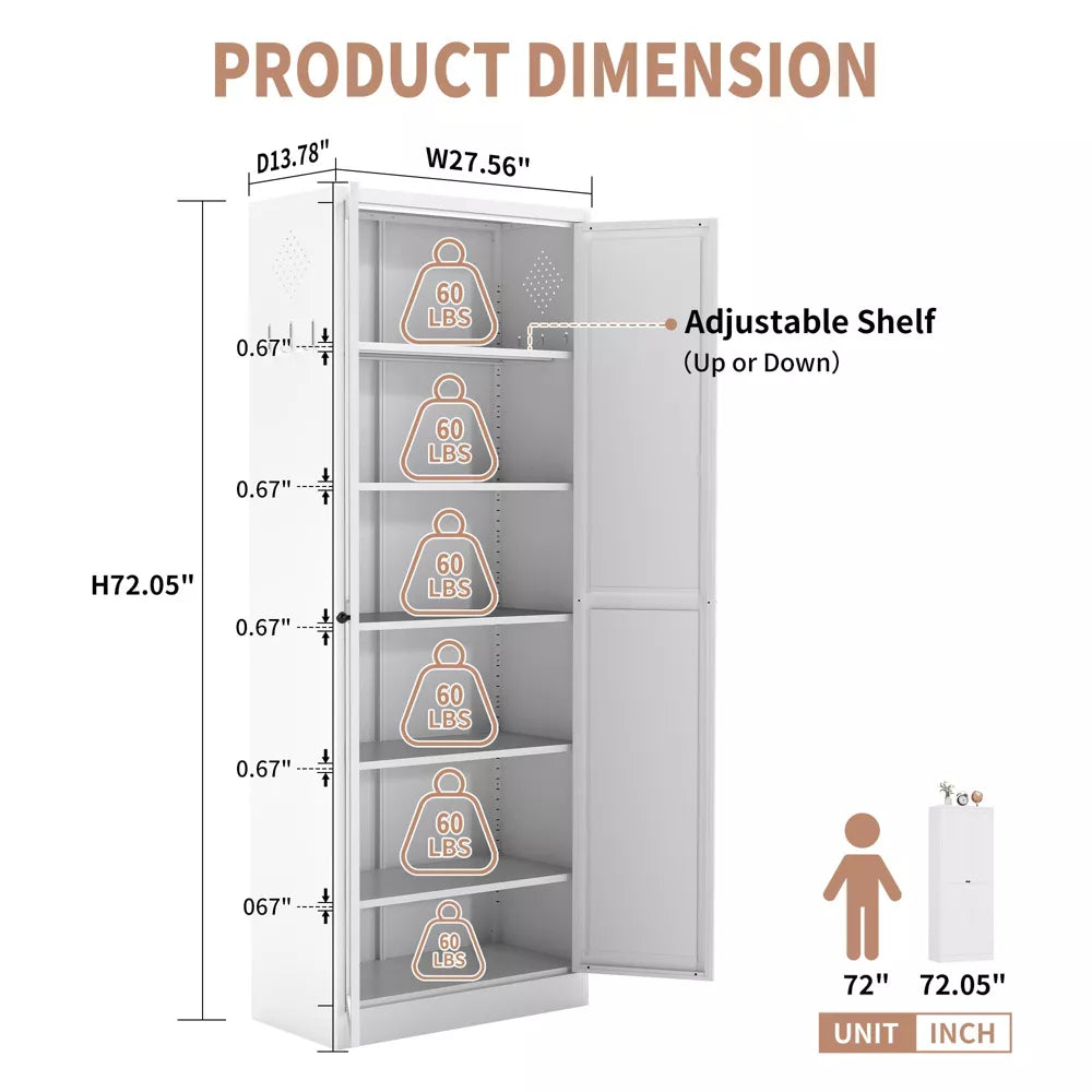 VIYET 72" Metal Pantry Cabinet with Doors, White Kitchen Storage Cabinet, Freestanding Organizer with 5 Adjustable Shelves