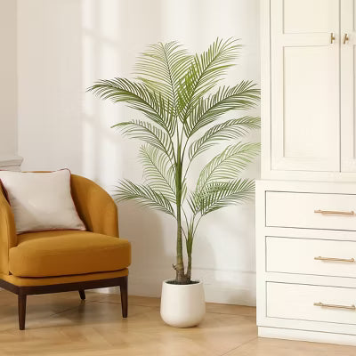DR.Planzen 5FT Faux Palm Trees with Oval White Planter, Pre Potted Fake Greenry Palm Tree for Home Decor