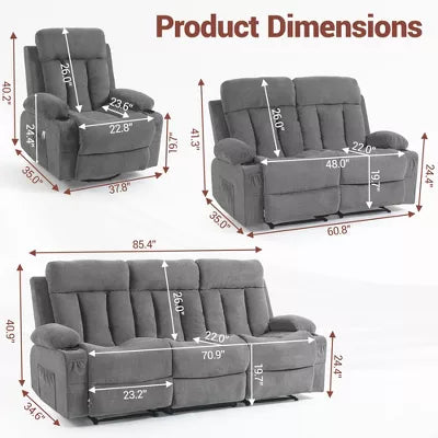 Bosmiller Manual Recliner Sofa Set, 3 Piece Reclining Living Room Furniture Sets with Cup Holders for Home Theater, Office (Grey, Sofa+Loveseat+Chair)