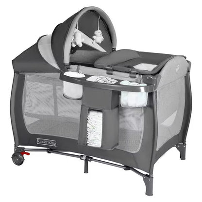 Kinder King 4-in-1 Portable Pack 'n Play with Bassinet, Changing Table, Adjustable Canopy, Storage Basket & Travel Bag – Infant to Toddler Playard
