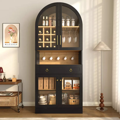 Arched Bar Cabinet, Mid-Century Wine Liquor Cabinet with Tempered Glass Doors, 9 Wine Racks, 3 Glass Holders, Drawer, Adjustable Shelf & Hooks, Black