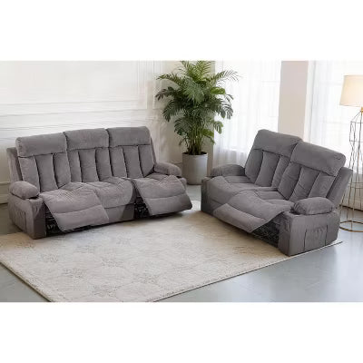 BOSMILLER Manual Recliner Sofa Set, 2 Piece Reclining Living Room Furniture Sets with Cup Holders for Home Theater, Office (Grey, Sofa+Loveseat)