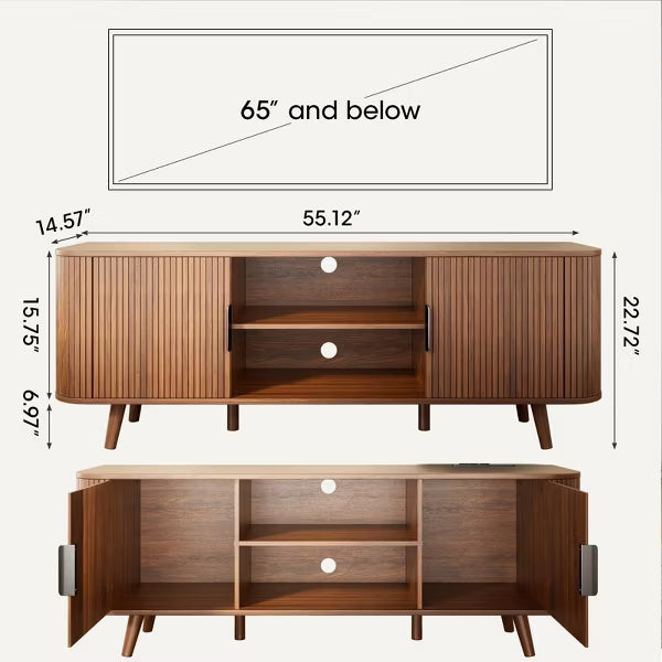 Qwatto Walnut Entertainment Center for TVs up to 65 Inch Mid Century TV Console with Slatted Doors Large Storage Shelves Modern Wood Media Stand