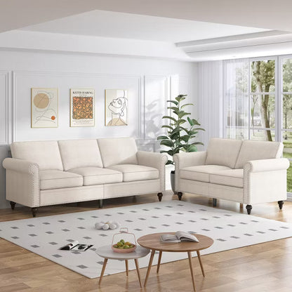 Mjkone 2 Piece Living Room Sofa Set with Rivet Design,Linen Fabric W76''3-Seater Sofa Couch with W53''Loveseat Sofa-Beige