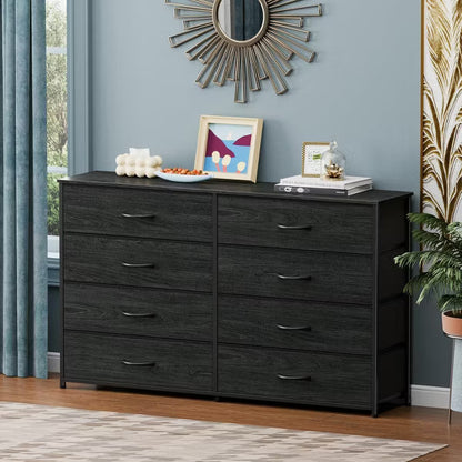 Qwatto Wide Fabric Dresser for Bedroom 8 Drawer Storage Chest 55 Inch TV Stand Entertainment Center Wood Top Organizer Unit Living Room Hallway