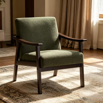 Mid-Century Modern Fabric Accent Chair, Solid Wood Frame Upholstered Reading Armchair for Living Room & Bedroom, Vintage Moss Green
