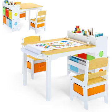 Kinder King Kids Table and Chair Set with Storage – Toddler Activity Desk with 8 Bins & Paper Roll for Drawing, Reading, Crafts & Snacks