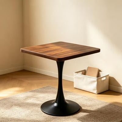 23.6" Mid Century Modern Square Pedestal Bistro Table, Thick Edge Walnut Top & Heavy Metal Base for Small Space Kitchen Nook