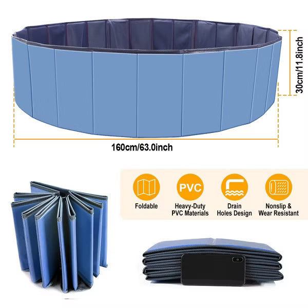 Foldable PVC Pet and Kiddie Pool with Drain Outlet, Easy-Store Dog Bathing Tub for Backyard Splashes and Summer Play - Blue