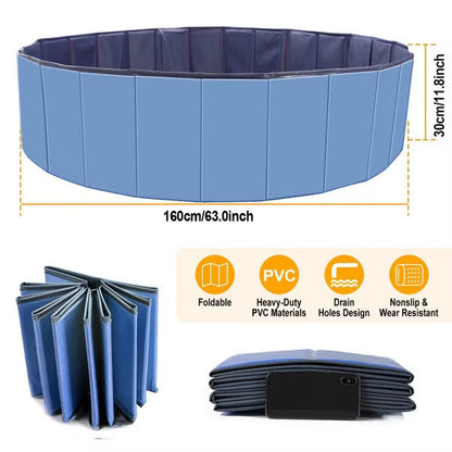 Foldable PVC Pet and Kiddie Pool with Drain Outlet, Easy-Store Dog Bathing Tub for Backyard Splashes and Summer Play - Blue