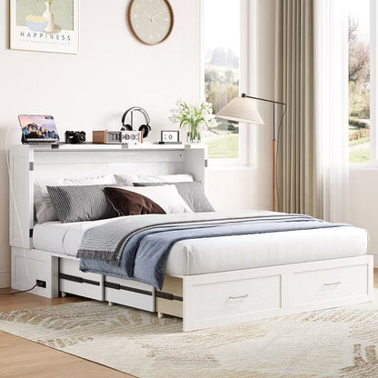 Murphy Bed Cabinet with Foldable Mattress, Queen Murphy Bed with Charging Station, Drawers-White