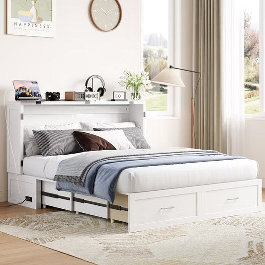 Shakerra Bed Cabinet with Foldable Mattress, Queen Murphy Bed with Charging Station, Drawers-White