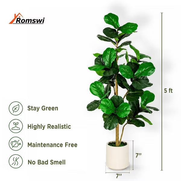 5FT Artificial Fiddle Leaf Fig Tree with White Planter Pot Natural Trunk Realistic Leaves Lifelike Faux Floor Plant For Home Office