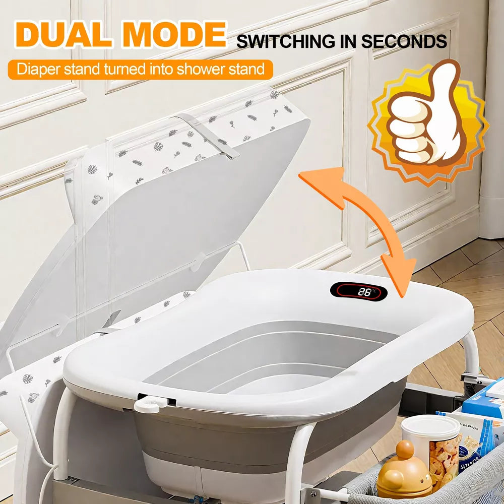 Kmaier 2-in-1 Baby Changing Table and Bath Tub,Foldable Design and Storage for Newborn Care-Light-Grey