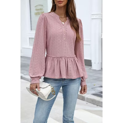 Zeagoo Women's Eyelet Embroidery Blouse Notch V Neck Partial Button Puff Long Sleeve Casual Top-Green-M