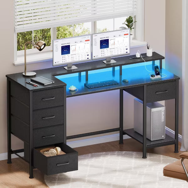 Qwatto 47" Carbon Fiber Black Gaming Desk with Charging Station LED Lights Reversible Computer Desk 5 Fabric Drawers Home Office Writing Study Table