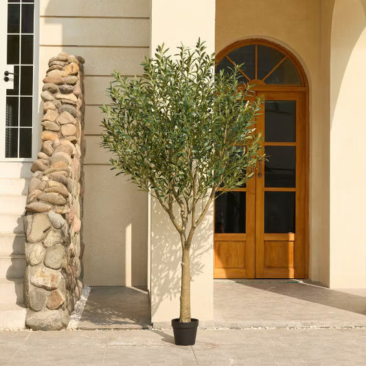 DR.Planzen 5-8FT Lush Artificial Olive Tree - UV Resistant Fake Plant with Black Fruits in 7x8" Black Pot for Indoor/Outdoor House & Floor Decor