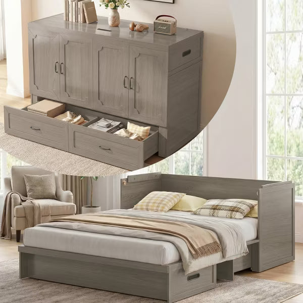 Mjkone Queen Size Convertible Murphy Cabinet Bed with USB Charging, Storage Drawers,No Mattress Included
