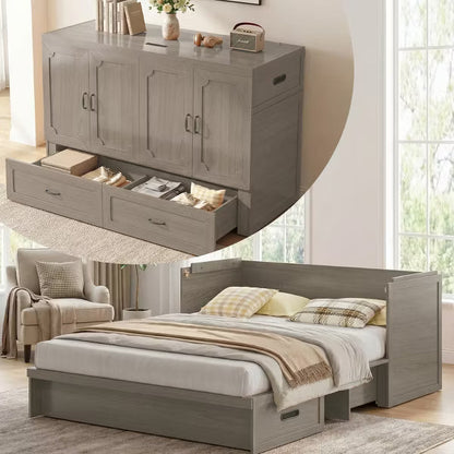 Mjkone Queen Size Convertible Murphy Cabinet Bed with USB Charging, Storage Drawers,No Mattress Included