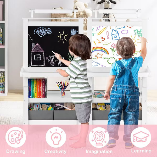 TODECARE Wooden 3-in-1 Kids Art Easel with Magnetic Whiteboard, Chalkboard, Paper Roll and Storage, White