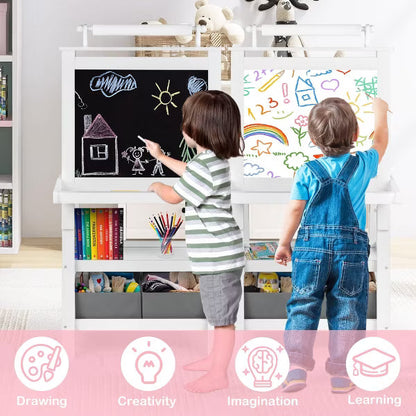 TODECARE Wooden 3-in-1 Kids Art Easel with Magnetic Whiteboard, Chalkboard, Paper Roll and Storage, White