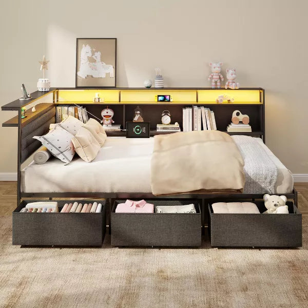 Qwatto Black Full Bed Frame with LED Lights Charging Station Storage Bookcase 3 Drawers Upholstered Headboard Corner Daybed No Box Spring Support