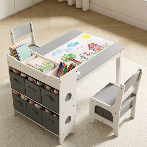 TODECARE Kids Table and Chair Set with Storage Bins and Paper Roll, Toddler Furniture Set, Gray