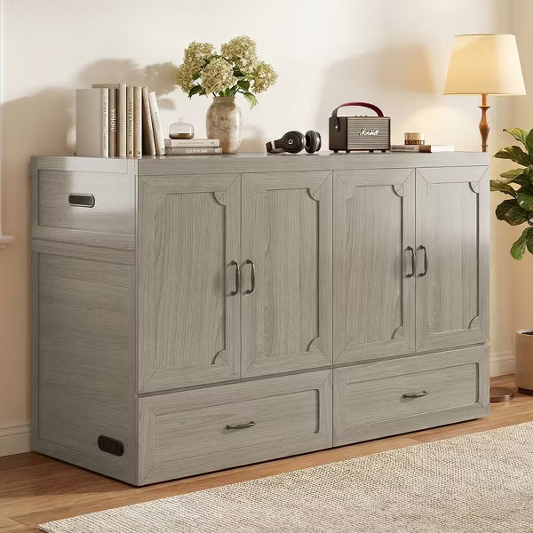 Mjkone Queen Size Convertible Murphy Cabinet Bed with USB Charging, Storage Drawers,No Mattress Included