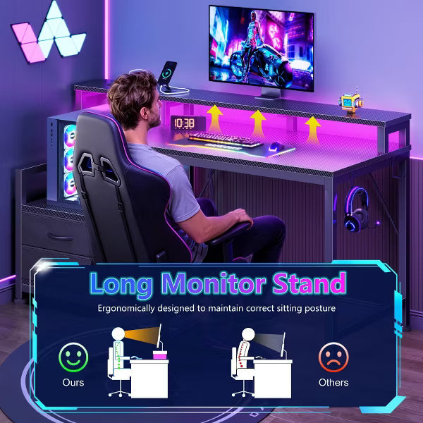 Qwatto 47" Gaming Desk with LED Lights and Charging Station Reversible Computer Desk with Monitor Stand and Fabric Drawers Corner Office Workstation