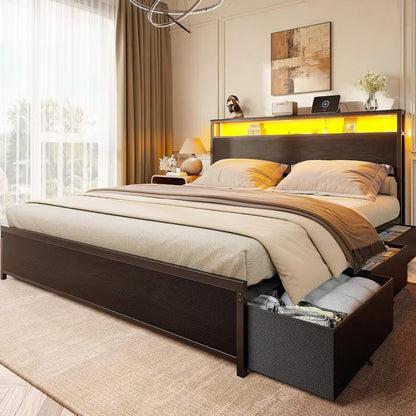 Qwatto Queen Bed Frame 6 Drawers Storage Headboard LED Lights Charging Station Metal Platform Bed Black No Box Spring Needed Noise Free 2 Tier Shelf