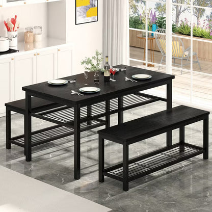 Hooseng 3-Piece Kitchen Table Chairs Set, Dining Table Set for 4, Rectangle Dining Room Table Set with Two Benches, Metal Frame for Small Spaces