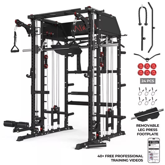 Mikolo Smith Machine Power Cage with Dual Pulley System ,Vertical Leg Press Attachment, Squat Rack & Power Rack for Home Gym