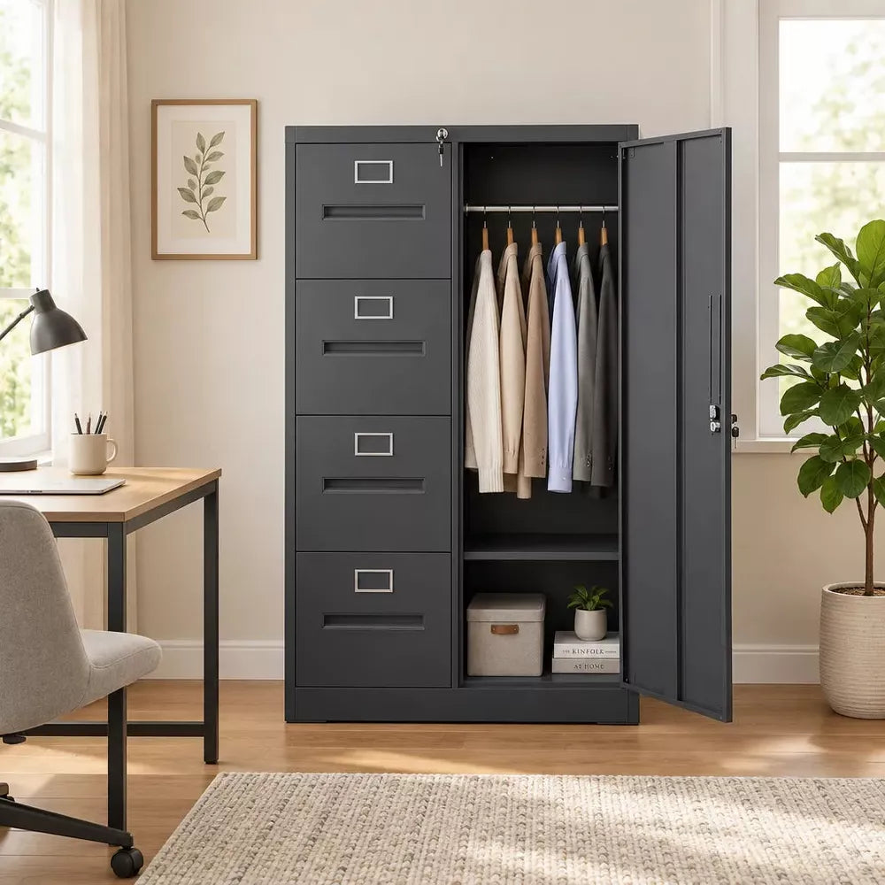 VIYET Metal Vertical File Cabinet with Lock, 4 Drawer Steel Filing Cabinet with Storage Door for Letter/Legal Files