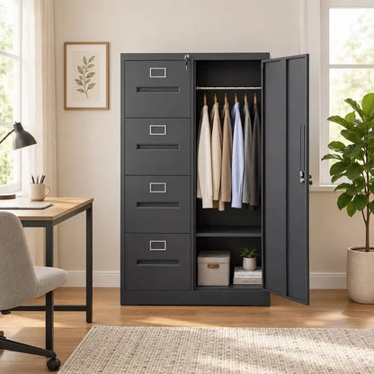 VIYET Metal Vertical File Cabinet with Lock, 4 Drawer Steel Filing Cabinet with Storage Door for Letter/Legal Files