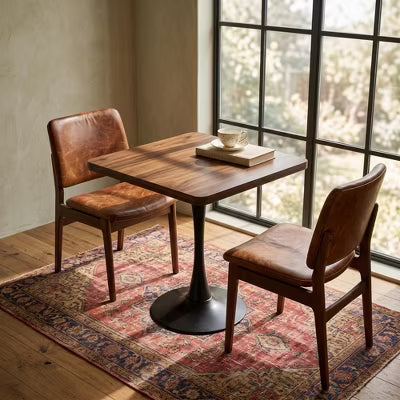 23.6" Mid Century Modern Square Pedestal Bistro Table, Thick Edge Walnut Top & Heavy Metal Base for Small Space Kitchen Nook
