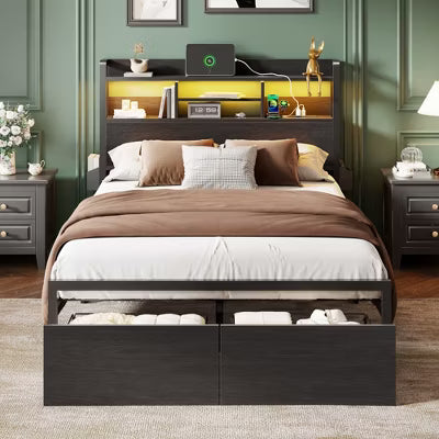 Qwatto Full Size Platform Bed Frame With Storage Drawers Charging Station LED Lights Black Metal Wood Headboard Shelf No Box Spring Needed Home