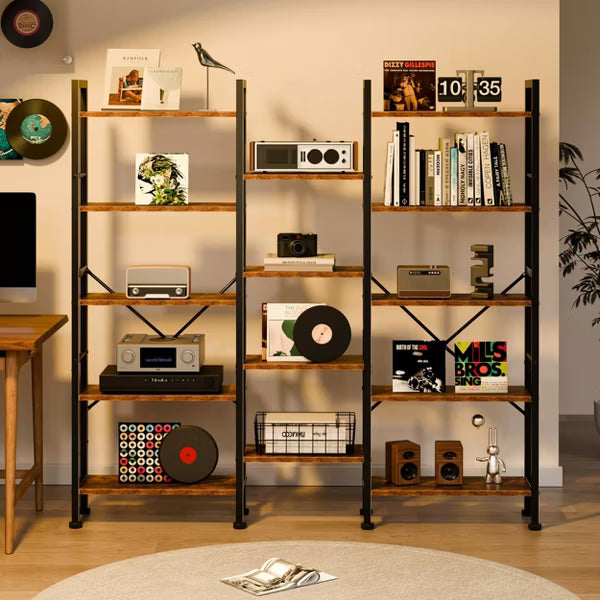 Qwatto Brown 5 Tier Bookshelf 14 Open Display Shelves Wood Metal Storage Organizer Industrial Wide Shelving Unit Freestanding Etagere in Home Office