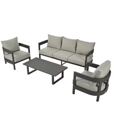 ELJGET 4 Pieces Patio Furniture Set with Cushions, Outdoor Iron Conversation Set for Poolside Backyard, Light Gray