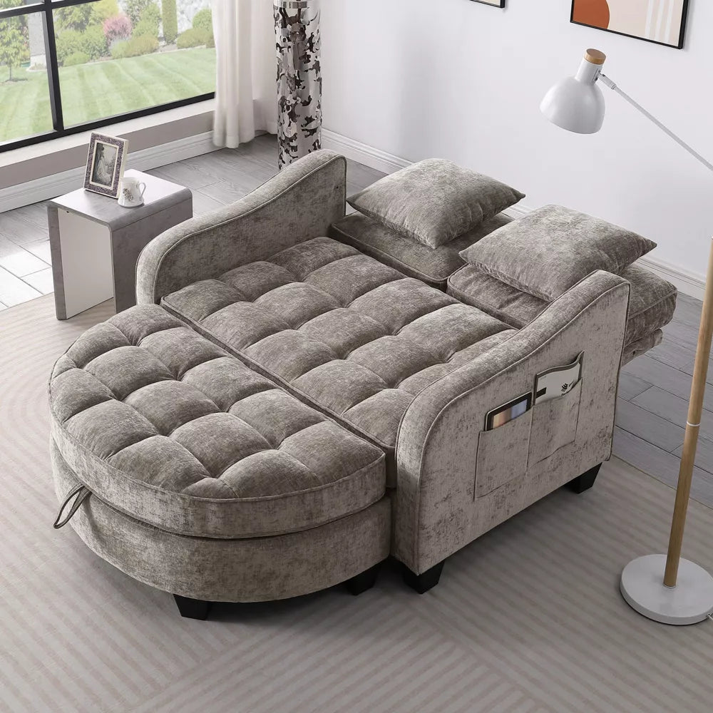 Premium Corduroy Convertible Sofa Bed with Storage Ottoman, Cozy Loveseat Sleeper for Living Room, Dorm, Apartment - Warm Taupe